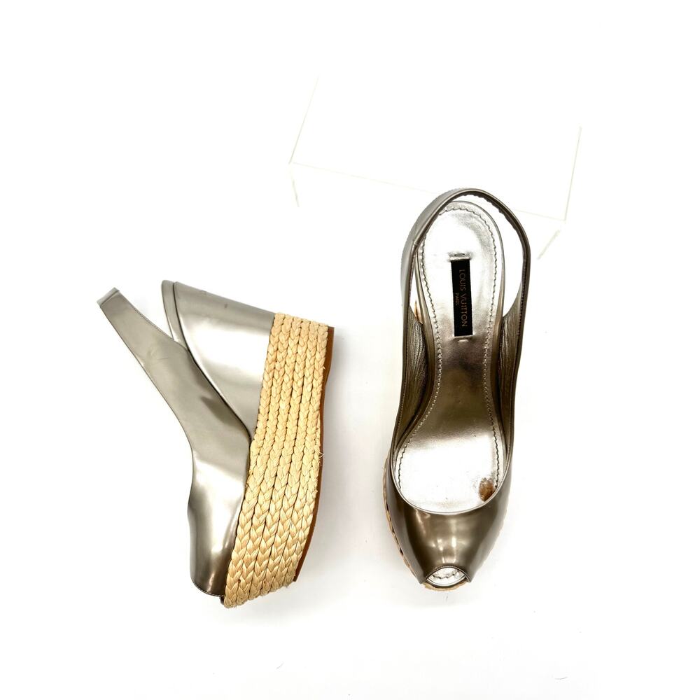 Louis Vuitton Lagoon Metallic Gold Patent Slingback Espadrille Wedges EU 36.5 - Picture 3 of 9